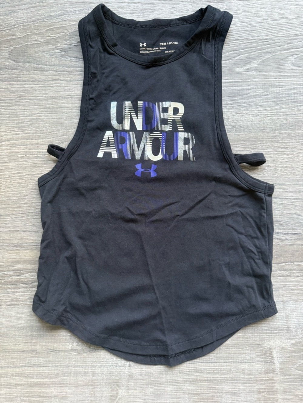 Under Armour Girls Sz YS Black HeatGear Crop Tank with Silver Purple Logo EUC - Picture 2 of 6